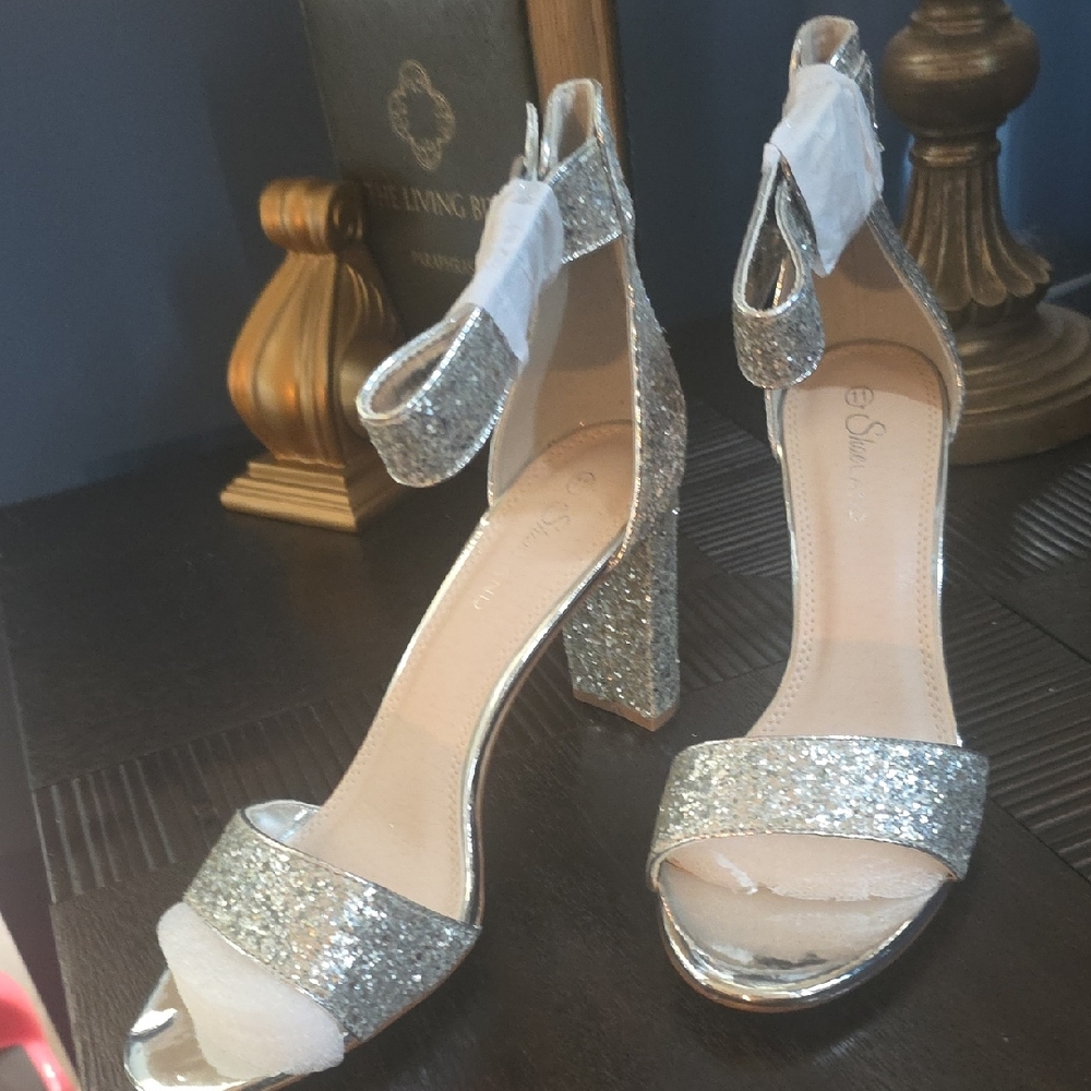 Shimmering Silver Block Heel Sandals
